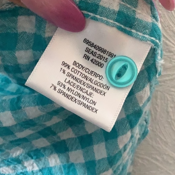 Joe Boxer - Sz L - Green blue Checkered crinkled button down w/ white lace back - Picture 6 of 7